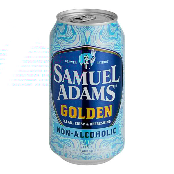 A Samuel Adams Golden non-alcoholic lager can with a blue and white label.