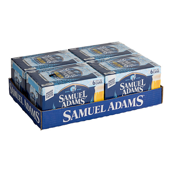 A stack of blue and white boxes of Samuel Adams Golden non-alcoholic lager.