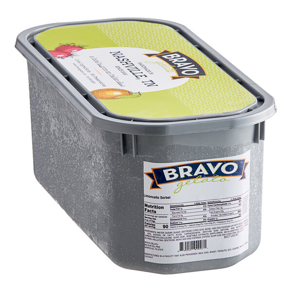 A white Bravo Limoncello Sorbet container with a lid and label.
