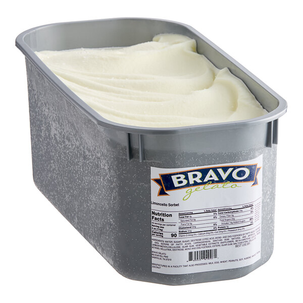 A grey container of Bravo Limoncello sorbet with a lid.