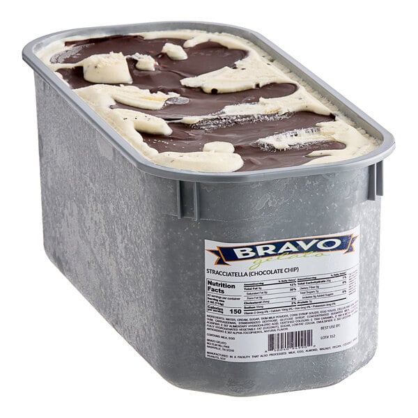 A white container of Bravo Stracciatella Gelato with chocolate and white swirls.