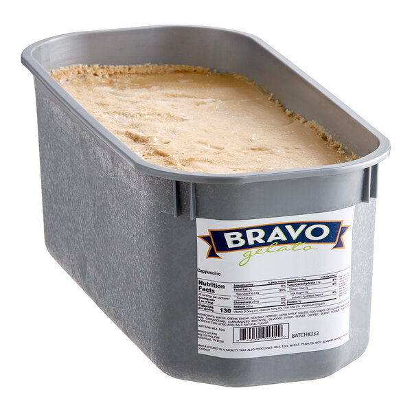 A white container of Bravo Cappuccino Gelato with a lid.