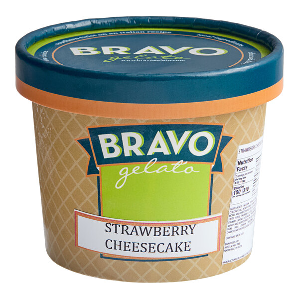 A white Bravo Strawberry Cheesecake Gelato cup.