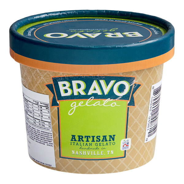 A container of Bravo Strawberry Cheesecake Gelato on a white background.