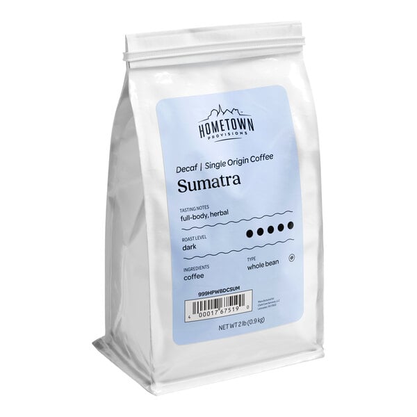 A 2 lb. bag of Hometown Provisions Sumatra Decaf Whole Bean Coffee.
