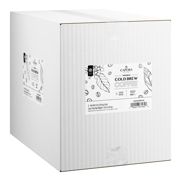 A large white box labeled Capora Premium Cold Brew Coarse Ground Coffee, containing two 5 lb. bags.