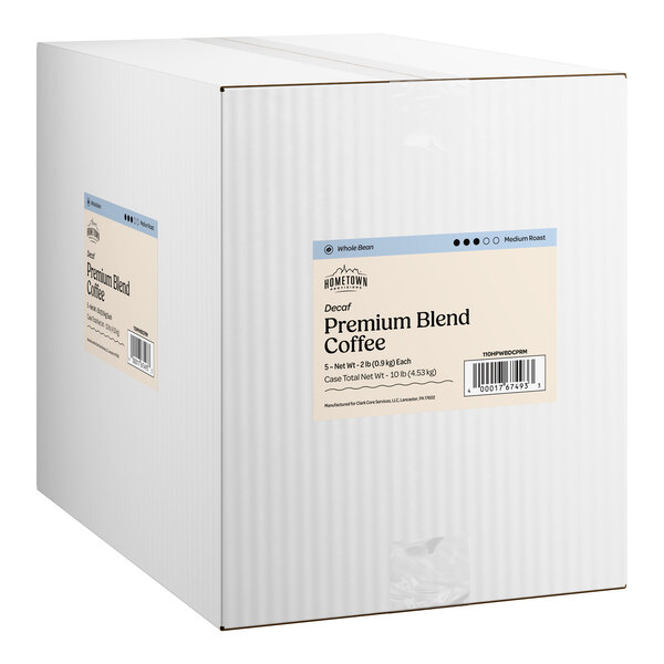 A large white box labeled as Hometown Provisions Premium Blend Whole Bean Decaf Coffee, containing five 2-pound bags.