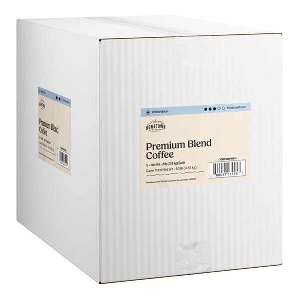 A large white box labeled as Hometown Provisions Premium Blend Whole Bean Coffee, containing five 2-pound bags.