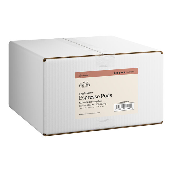 A white box labeled as containing 100 single-serve espresso pods from Hometown Provisions.