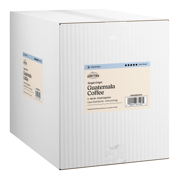 A large white box labeled as containing Hometown Provisions Guatemalan whole bean coffee, 2 lb. bags, 5 per case.