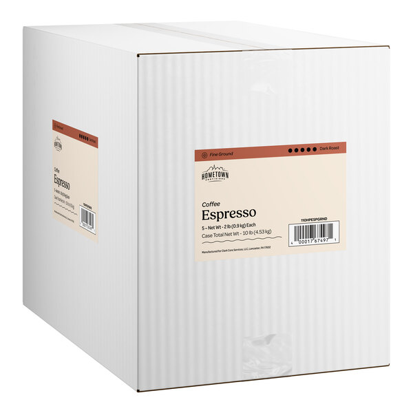 A large white box labeled as Hometown Provisions Ground Espresso, containing five 2-pound bags of coffee.