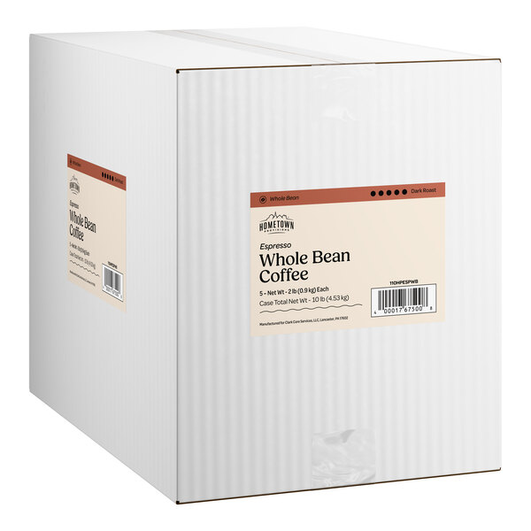 A large white box labeled as containing Hometown Provisions Whole Bean Espresso coffee, 2 lb. bags, 5 per case.