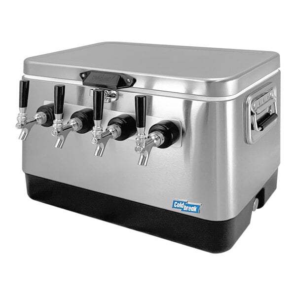 A silver stainless steel Coldbreak 4 faucet jockey box.