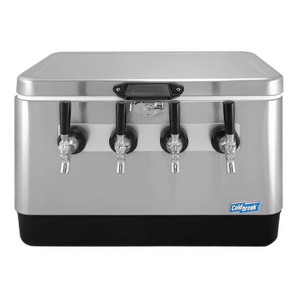 A silver stainless steel Coldbreak jockey box with black handles.
