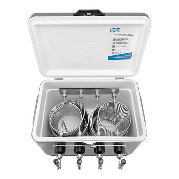 A white cooler with metal coils inside.