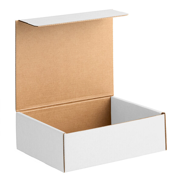 A white Lavex corrugated mailer box with a lid open.