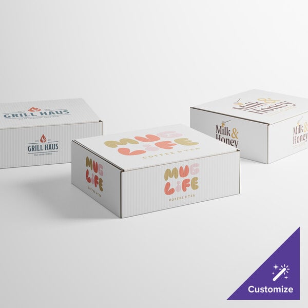 A group of white Lavex mailer boxes with different text designs on them.