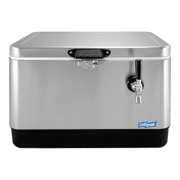 A silver stainless steel Coldbreak jockey box with a black handle and tap.