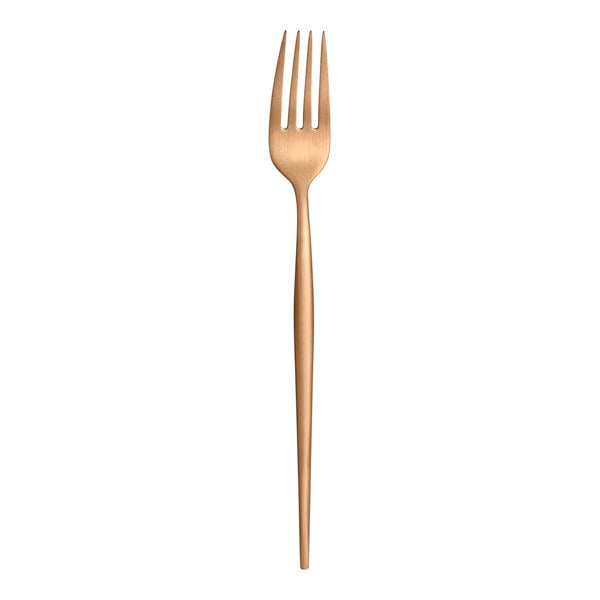 A close up of an Amefa Soprano copper stainless steel table fork with a white background.