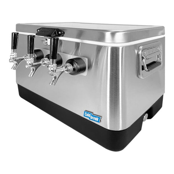 A stainless steel Coldbreak jockey box with three taps.