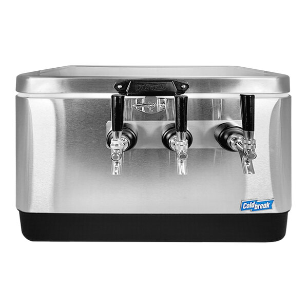 A silver and black Coldbreak stainless steel beer dispenser with three taps.