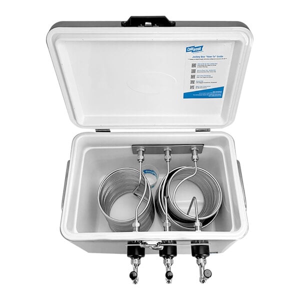 A white Coldbreak stainless steel cooler with three metal tubes inside.