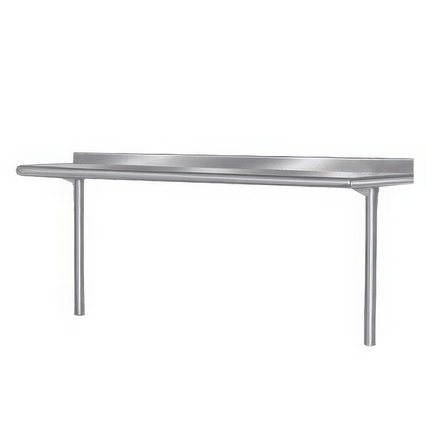 A stainless steel shelf with a metal frame mounted on a table.