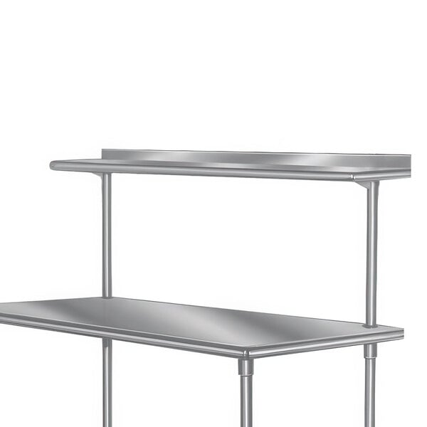 A stainless steel Advance Tabco rear mount shelf with two shelves over a table.