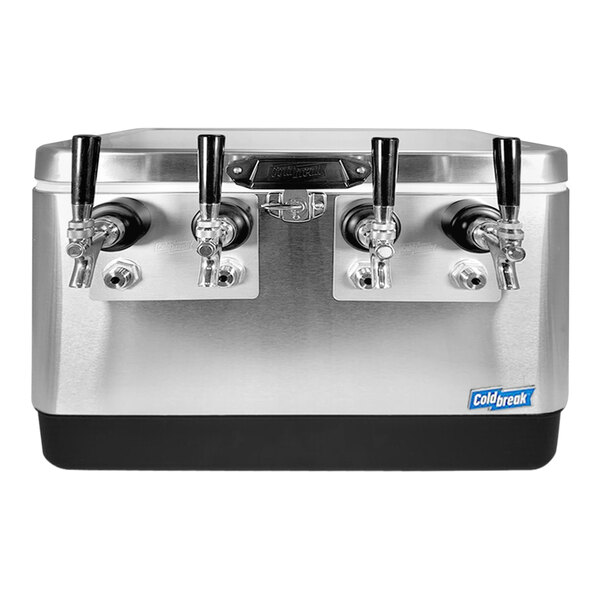 A stainless steel Coldbreak jockey box with four taps.