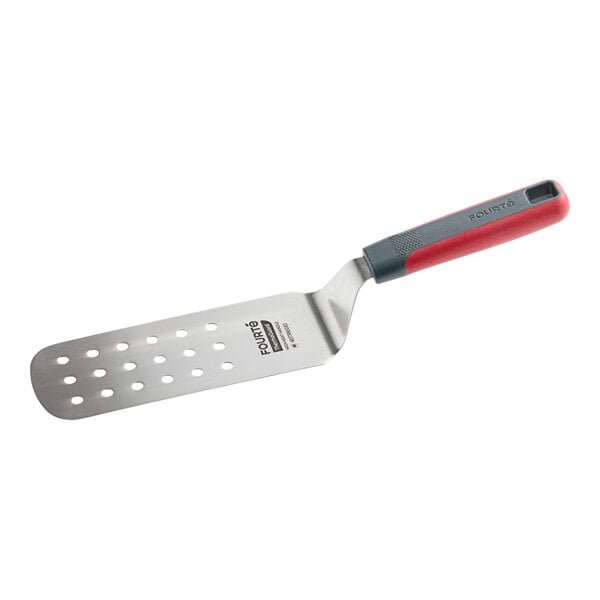 A stainless steel perforated turner with a rounded edge and a red and gray nylon handle.