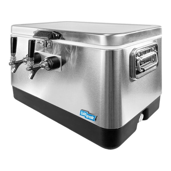 A silver stainless steel Coldbreak jockey box with two taps.