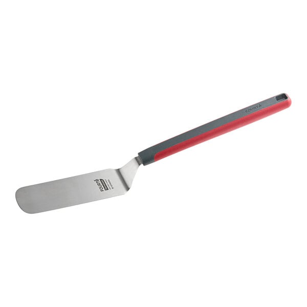 A stainless steel solid rounded edge turner with an 8-inch by 3-inch blade and a long red and gray nylon handle.