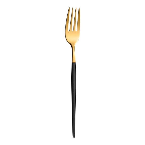 An Amefa Soprano dessert fork with a black and gold handle.