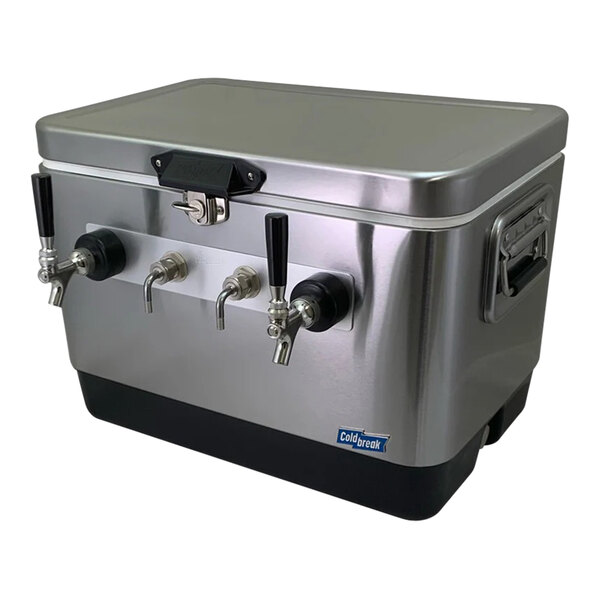 Coldbreak JOCK-2TF-SS54 Stainless Steel 2 Faucet 54 Qt. Insulated Jockey Box with Front Inputs and 50 ft. Coils