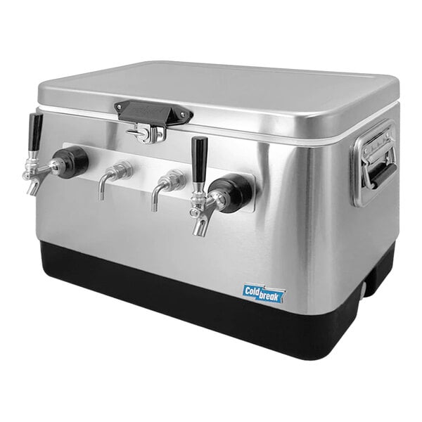A silver stainless steel Coldbreak jockey box with two black faucets.