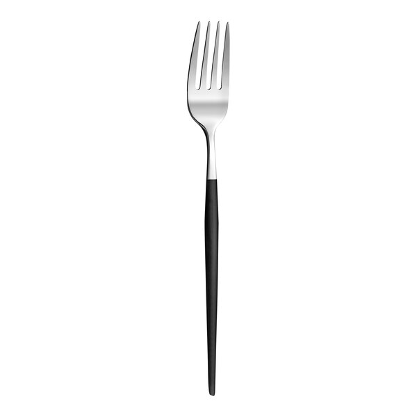 An Amefa Soprano dessert fork with a black handle and silver prongs.