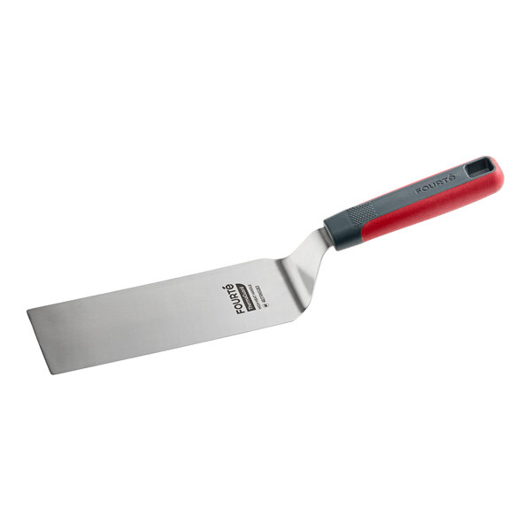 A stainless steel high heat solid square edge turner with an 8-inch by 3-inch blade and a nylon handle.