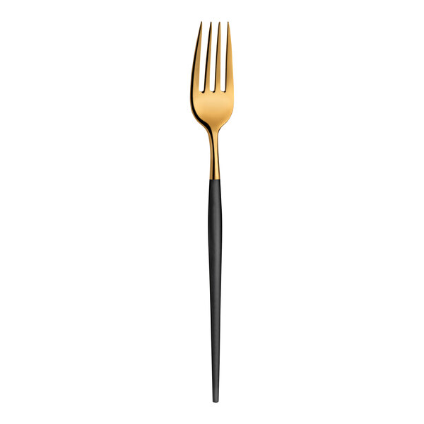 An Amefa Soprano stainless steel table fork with a gold and black handle.