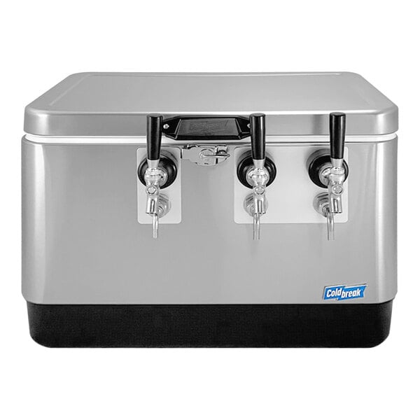 A silver stainless steel Coldbreak jockey box with three taps.