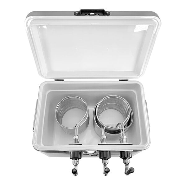 A white cooler with metal tubes inside.