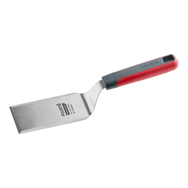 A stainless steel high heat solid beveled square edge turner with a red and gray nylon handle.