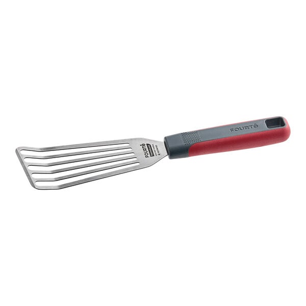 A stainless steel slotted fish and egg turner with a red and gray nylon handle.