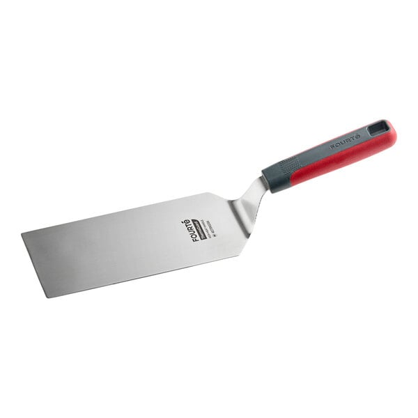 A stainless steel high heat solid square edge turner with a red and gray nylon handle.
