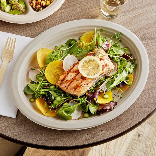 A plate of food with salmon and salad on a World Centric oval compostable fiber plate on a wood table.