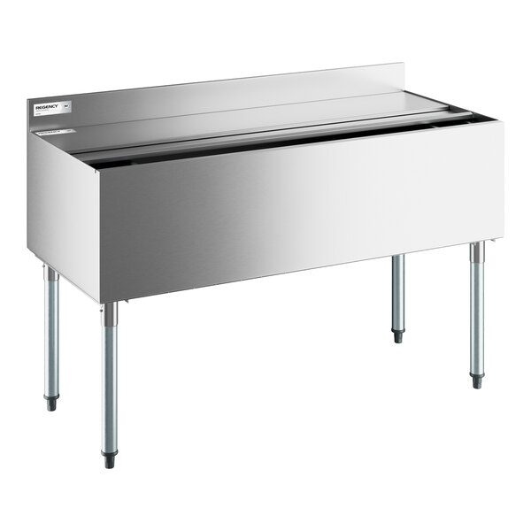 A stainless steel rectangular ice bin with four legs, a sliding lid, and a backsplash.