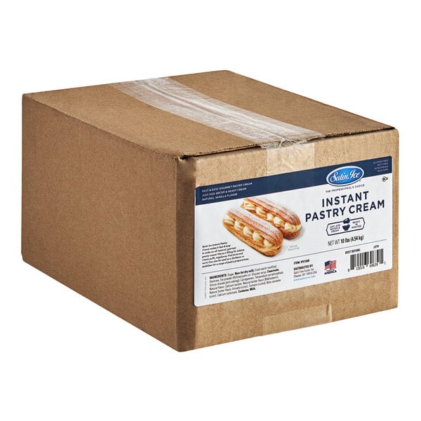 A box of Satin Ice Instant Pastry Cream Powder with a label.