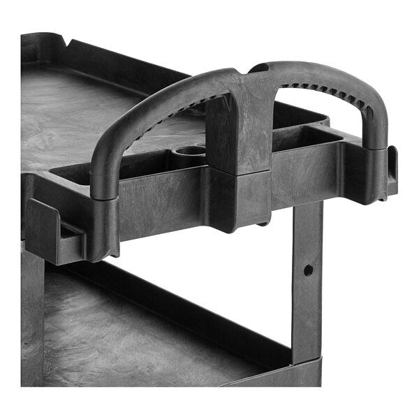 A black plastic Rubbermaid cart with handles and a handle.