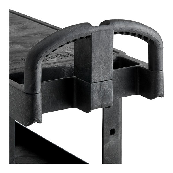A black plastic Rubbermaid utility cart with shelves and an ergonomic handle.
