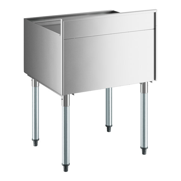 A Regency stainless steel rectangular underbar ice bin with sliding lid and bottle holders.