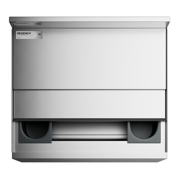 A stainless steel Regency underbar ice bin with sliding lid and bottle holders.